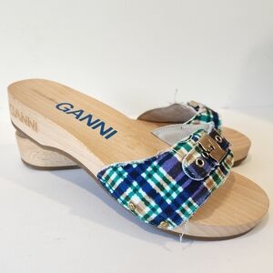New Ganni x Dr Scholls Slip On Pescura Heel Sandals Plaid Strap Blue Limited
